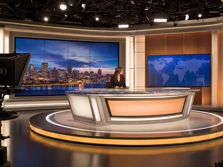 Fox Corp. (Class A) US35137L1052 zeigt ein modernes TV-Nachrichtenstudio mit professioneller Ankerpult-Ausstattung - Foto: THN