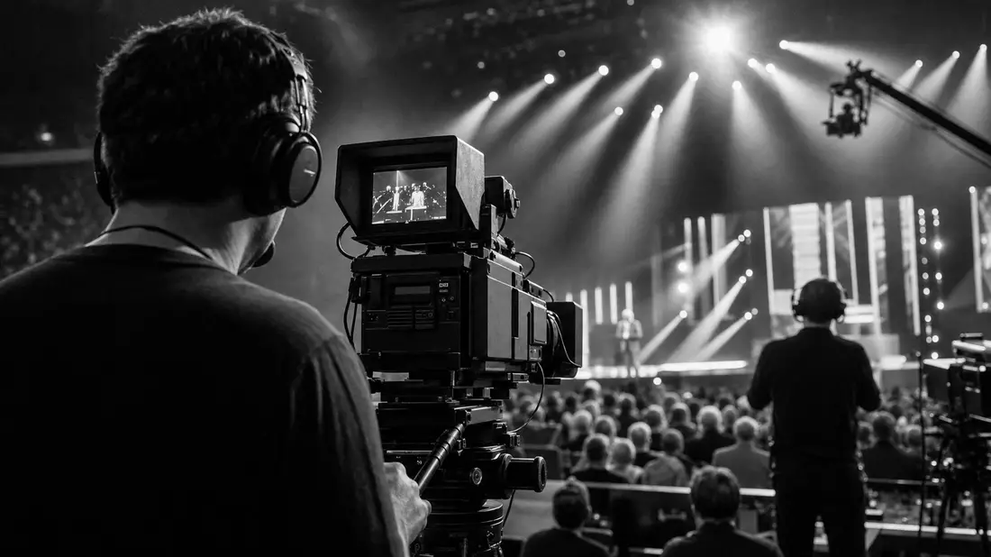 Schwarzweiß-Reportagefoto eines Kameramanns bei einer Live-Fernsehübertragung