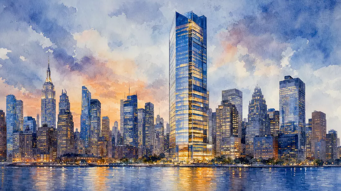 Aquarell der New Yorker Skyline mit modernem Medienunternehmen-Hochhaus bei Dämmerung