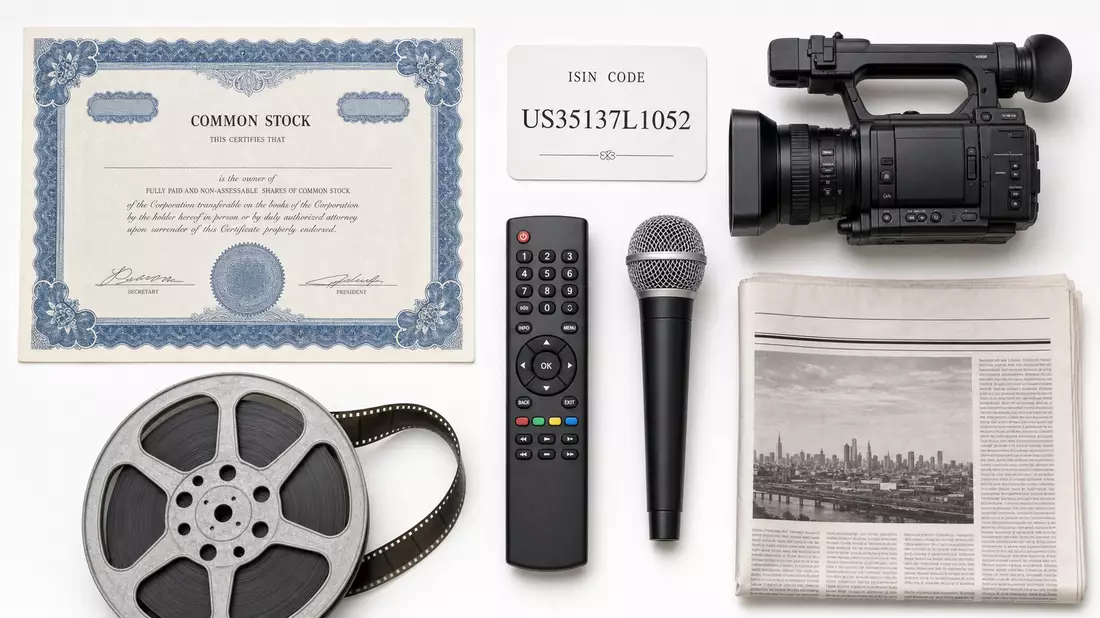 Draufsicht auf Aktienzertifikat, ISIN-Karte US35137L1052, Mikrofon, Kamera und Filmrolle