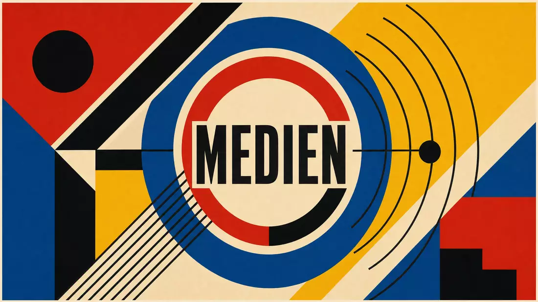 Bauhaus-Poster mit geometrischen Formen in Primärfarben und dem Schriftzug MEDIEN