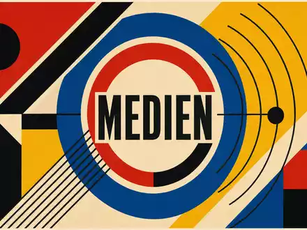 Fox Corp. (Class A) US35137L1052 geometrisches Bauhaus-Poster mit Sektor-Text MEDIEN in Primärfarben - Foto: THN