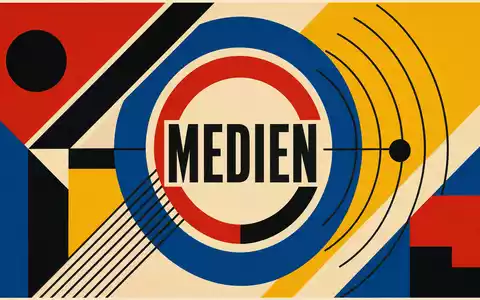 Fox Corp. (Class A) US35137L1052 geometrisches Bauhaus-Poster mit Sektor-Text MEDIEN in Primärfarben - Foto: THN
