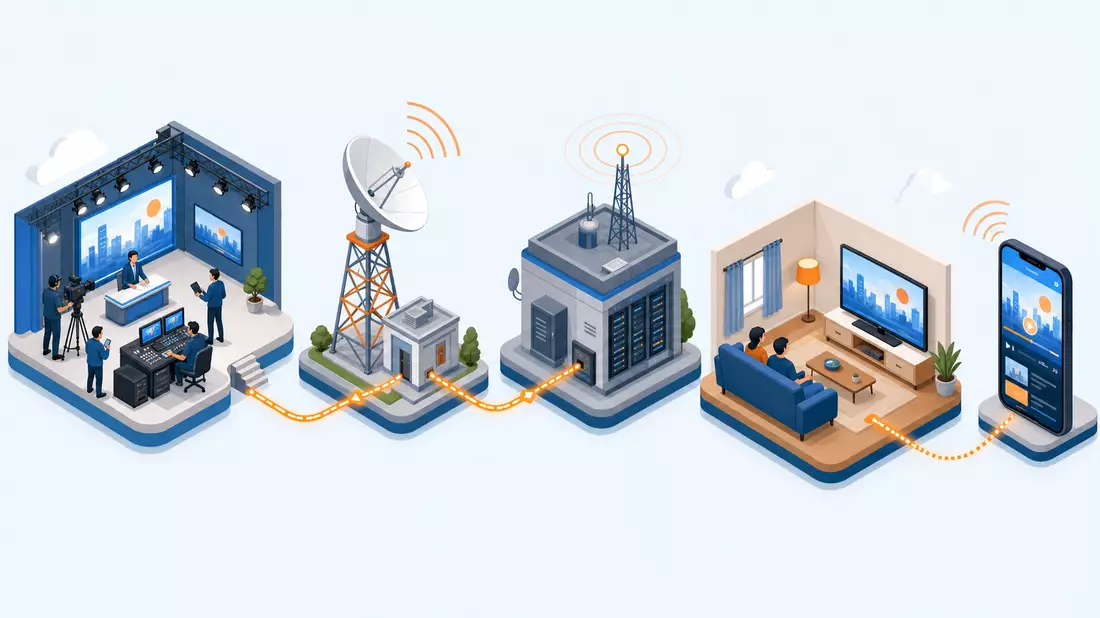 Isometrische 3D-Illustration der Medien-Wertschöpfungskette von Studio bis Endgerät