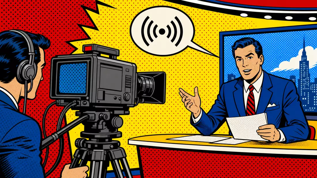 Pop-Art-Comic im Lichtenstein-Stil mit Kameramann und Nachrichtenmoderator im Studio