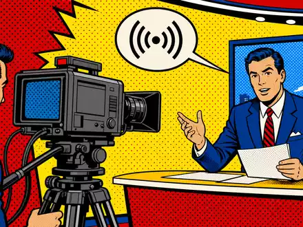 Fox Corp. (Class A) US35137L1052 Pop-Art-Comic im Lichtenstein-Stil zeigt TV-Nachrichtensendung mit Kameramann - Foto: THN
