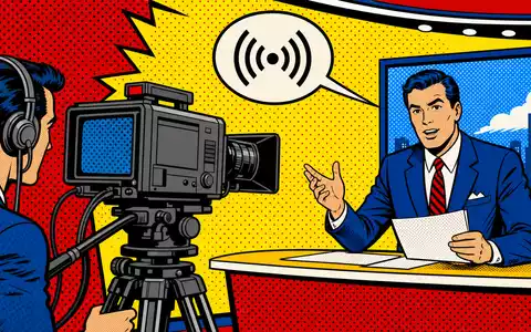 Fox Corp. (Class A) US35137L1052 Pop-Art-Comic im Lichtenstein-Stil zeigt TV-Nachrichtensendung mit Kameramann - Foto: THN