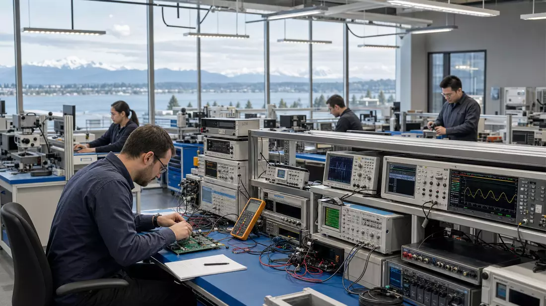 Fotorealistisches Messtechnik-Labor von Fortive Corp. mit Oszilloskopen, Ingenieuren und Panoramafenster Everett