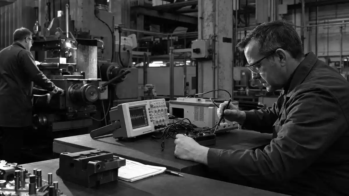 Schwarz-Weiß-Reportage eines Arbeiters bei Fortive Corp. mit Messgeräten in einer Industriehalle