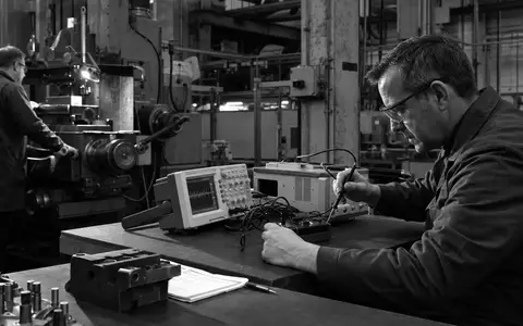 Fortive Corp. Schwarzweiß-Reportage zeigt Industriearbeiter mit Messinstrumenten in einer Fertigungshalle, ISIN US34959J1088 - Foto: THN
