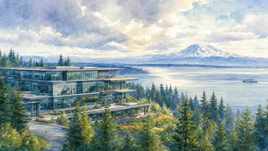 Aquarell des Fortive Corp. Hauptsitzes in Everett Washington mit Mount Rainier und Puget Sound