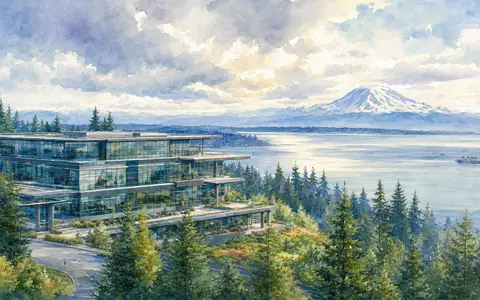 Fortive Corp. Hauptsitz in Everett Washington als malerisches Aquarell mit Meerblick, ISIN US34959J1088 - Foto: THN