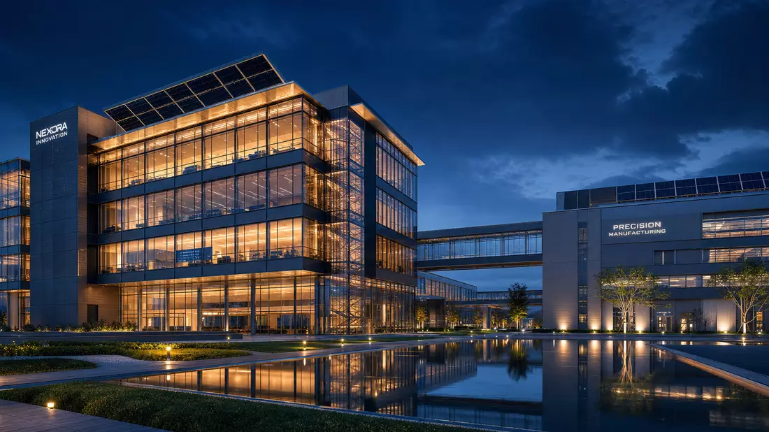 Nächtliches Architektur-Render des Fortive Corp. Industrie-Technologiecampus mit Glasfassade und Spiegelbecken