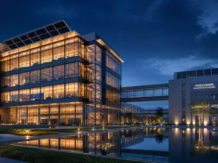 Fortive Corp. modernes Industrie-Technologiecampus als Architektur-Render bei Nacht mit Spiegelbecken, ISIN US34959J1088 - Foto: THN