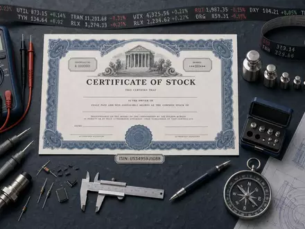 Fortive Corp. Flatlay mit Aktienzertifikat, Messwerkzeugen und ISIN-Karte US34959J1088 auf dunklem Schiefer - Foto: THN