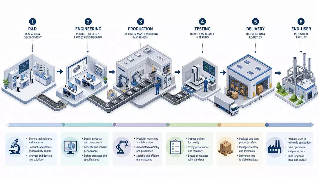 Isometrisches 3D-Prozessdiagramm der Fortive Corp. Wertschöpfungskette von R&D bis Endkunde