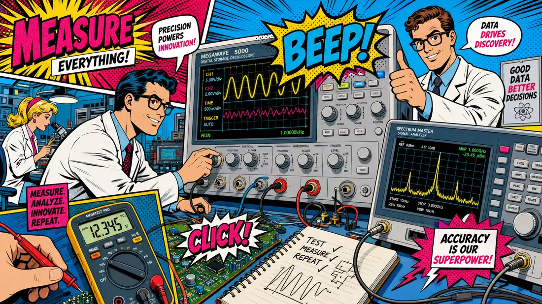 Pop-Art-Comic von Fortive Corp. mit Cartoon-Ingenieuren, Oszilloskopen und bunten Halbton-Mustern