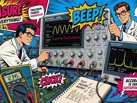 Fortive Corp. Pop-Art-Comic zeigt Cartoon-Ingenieure mit überdimensionalen Messinstrumenten im Labor, ISIN US34959J1088 - Foto: THN