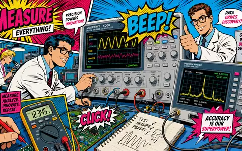 Fortive Corp. Pop-Art-Comic zeigt Cartoon-Ingenieure mit ĂŒberdimensionalen Messinstrumenten im Labor, ISIN US34959J1088 - Foto: THN