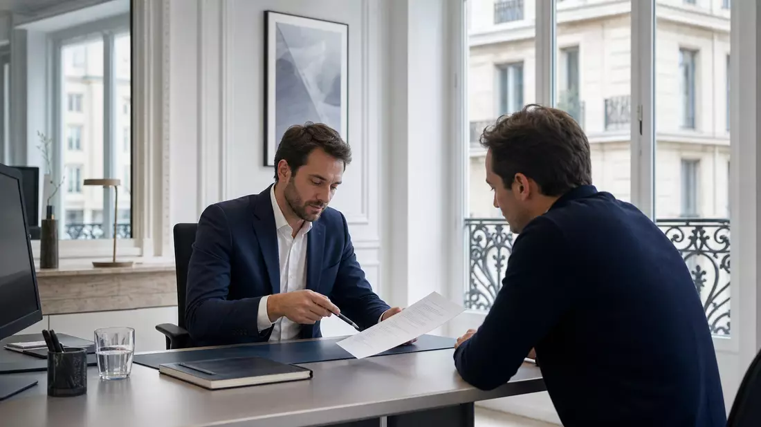 Berater und Kunde besprechen Versicherungsunterlagen in modernem Pariser Büro