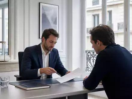 BeratungsgesprĂ€ch im BĂŒro zeigt AXA S.A. (FR0000120628) Versicherungsberater mit Kunde bei VertragsprĂŒfung in Paris - Foto: THN