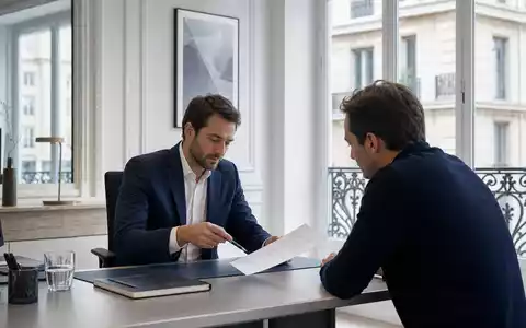 Beratungsgespräch im Büro zeigt AXA S.A. (FR0000120628) Versicherungsberater mit Kunde bei Vertragsprüfung in Paris - Foto: THN