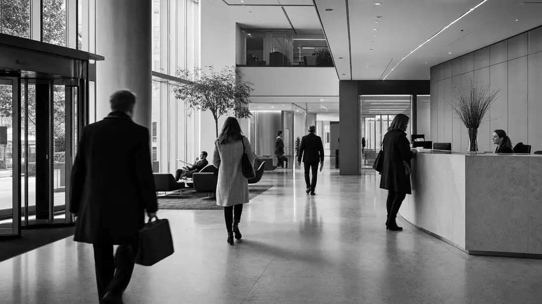 Dokumentarische Schwarzweißaufnahme einer modernen Bürolobby mit gehenden Personen