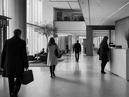 Schwarzweiß-Reportagefoto einer modernen Bürolobby symbolisiert Konzernalltag von AXA S.A. (FR0000120628) im Versicherungssektor von Paris - Foto: THN