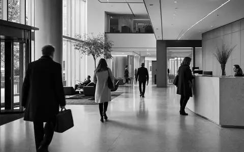 Schwarzweiß-Reportagefoto einer modernen Bürolobby symbolisiert Konzernalltag von AXA S.A. (FR0000120628) im Versicherungssektor von Paris - Foto: THN
