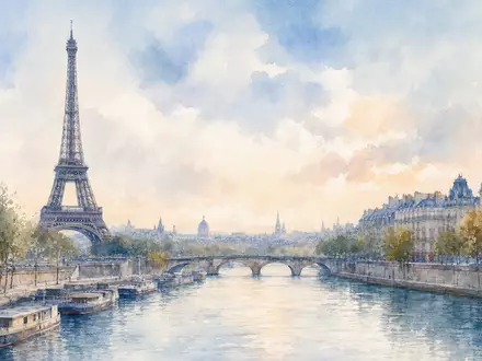 Aquarellmalerei der Pariser Skyline mit Eiffelturm repräsentiert AXA S.A. (FR0000120628) mit Sitz in Paris - Foto: THN