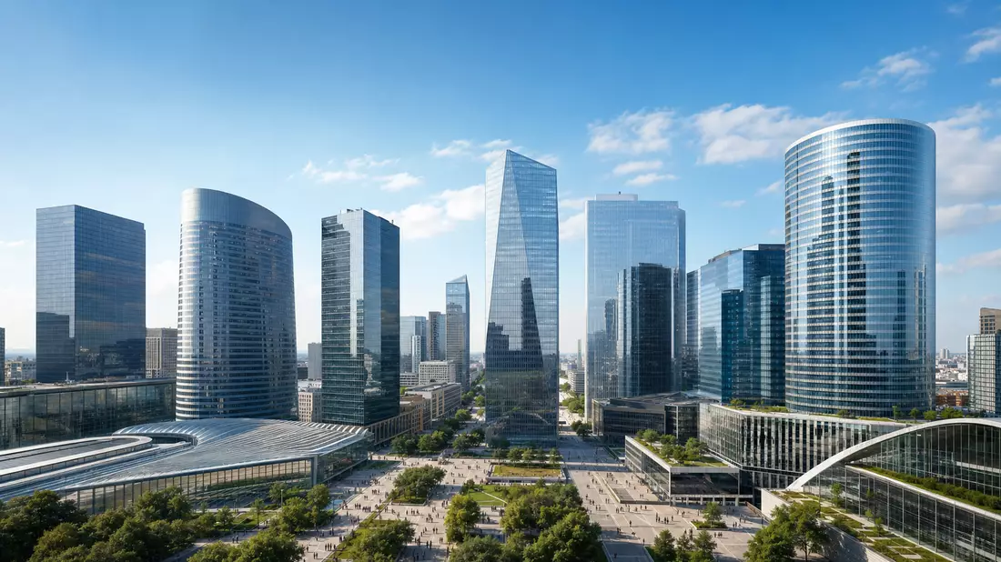 Moderne Glastürme des Geschäftsviertels La Défense unter blauem Himmel