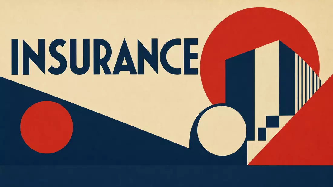 Geometrisches Bauhaus-Plakat in Blau, Rot und Creme mit Schriftzug INSURANCE