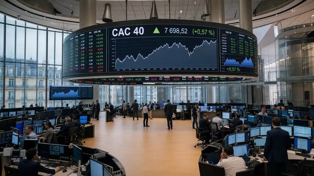Handelsraum mit großer CAC 40 Kursanzeige und arbeitenden Börsenhändlern