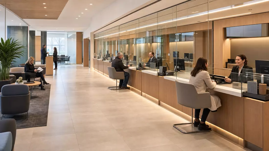 Moderne Bankfiliale mit Beratungsgesprächen am Schalter, warmes Licht, professionelle Atmosphäre