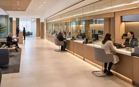 Banco Santander (ISIN ES0113900J37): fotorealistische moderne Bankfiliale mit Kunden und Beratern am Schalter - Foto: THN