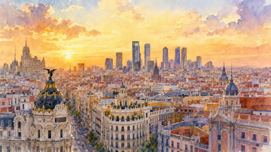 Aquarellmalerei der Madrider Skyline mit historischen und modernen Gebäuden im Sonnenuntergang