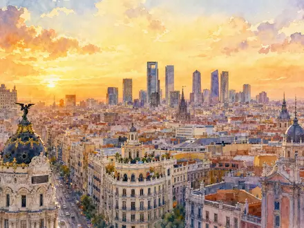 Banco Santander (ISIN ES0113900J37): stimmungsvolles Aquarellgemälde der Madrider Skyline bei goldenem Abendlicht - Foto: THN