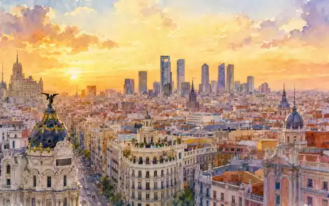 Banco Santander (ISIN ES0113900J37): stimmungsvolles Aquarellgemälde der Madrider Skyline bei goldenem Abendlicht - Foto: THN