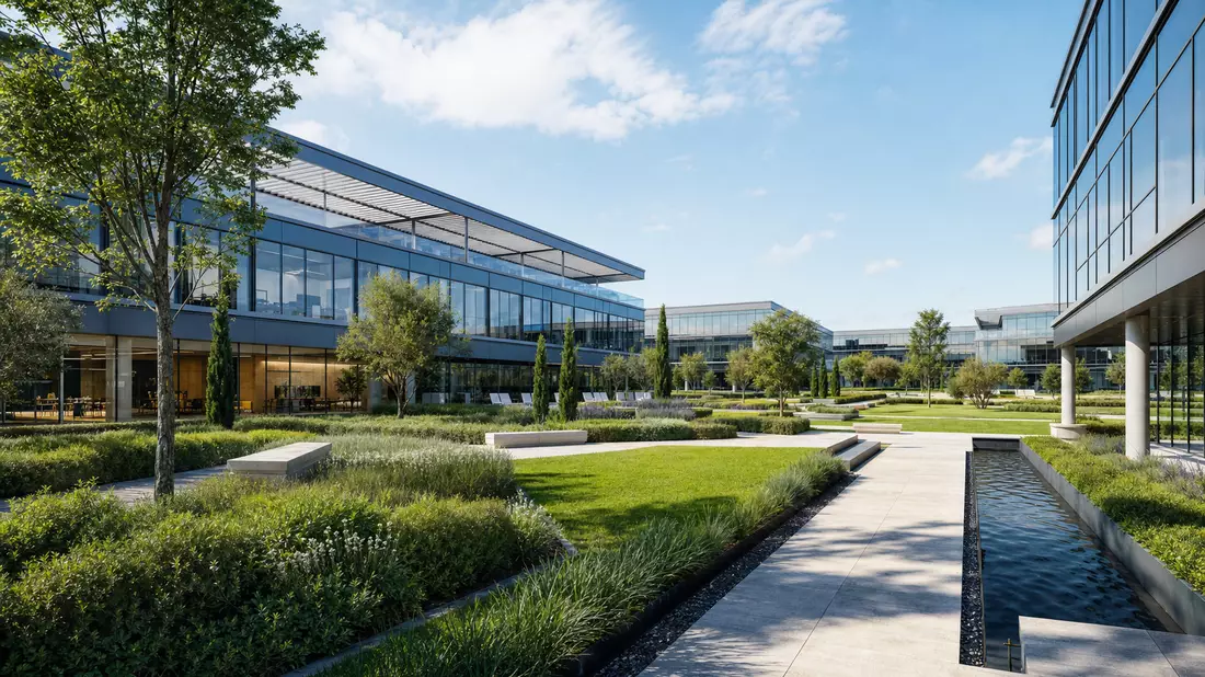 Architektur-Rendering eines modernen Glas-Bürocampus mit begrünten Wegen und Wasserbecken