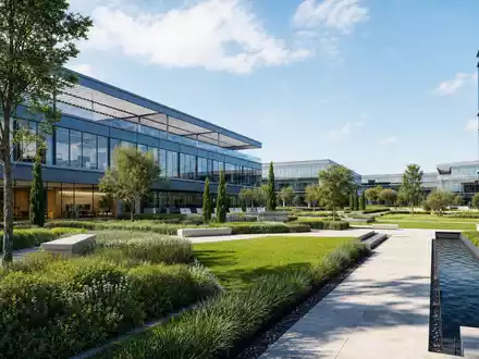 Banco Santander (ISIN ES0113900J37): architektonisches Render eines modernen Bürocampus mit Grünanlagen und Glasfassaden - Foto: THN