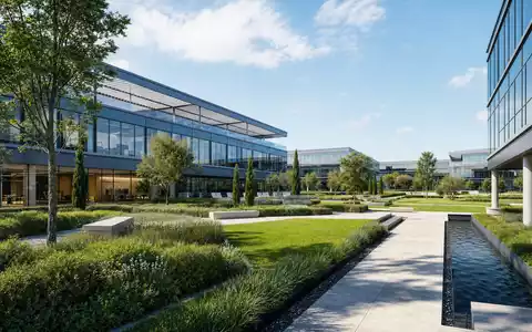 Banco Santander (ISIN ES0113900J37): architektonisches Render eines modernen Bürocampus mit Grünanlagen und Glasfassaden - Foto: THN