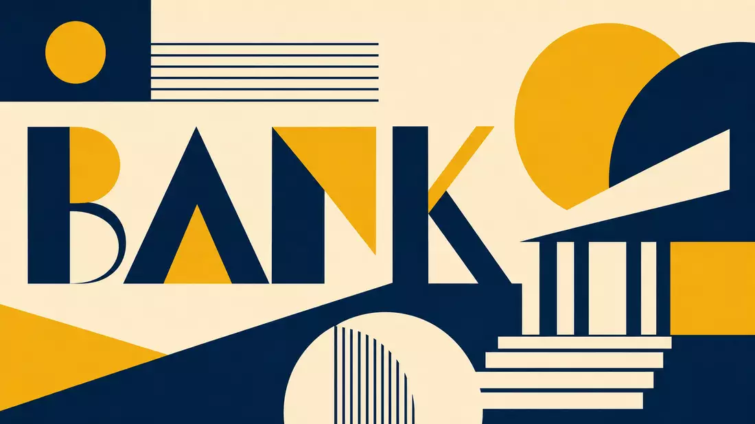 Bauhaus-Poster mit geometrischen Formen und großem Schriftzug BANK in Marineblau und Gelb
