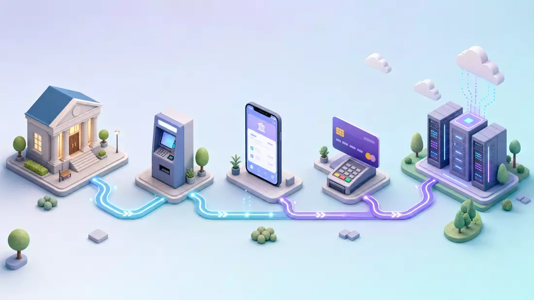 Isometrische 3D-Grafik zeigt Bankfiliale, Geldautomat, Smartphone, Kartenterminal und Rechenzentrum