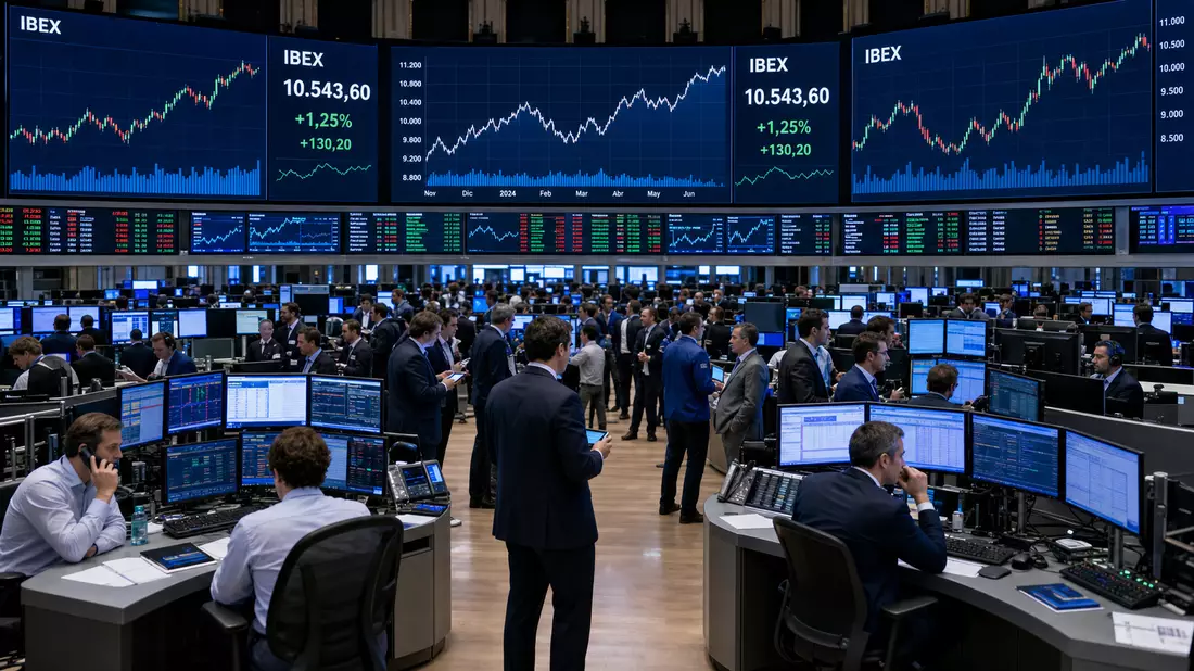 Trading-Floor mit Händlern vor Bildschirmen mit IBEX-Kursdaten und Charts