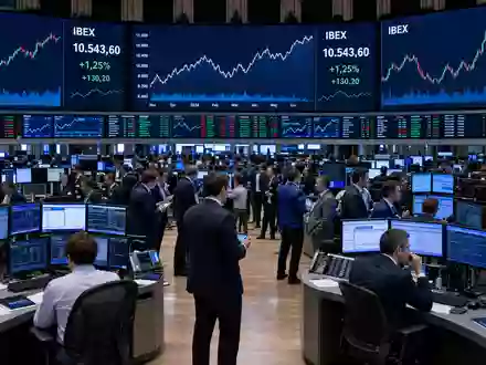 Banco Santander (ISIN ES0113900J37): Börsen-Editorial mit Trading-Floor und IBEX-Kursdaten auf großen Bildschirmen - Foto: THN