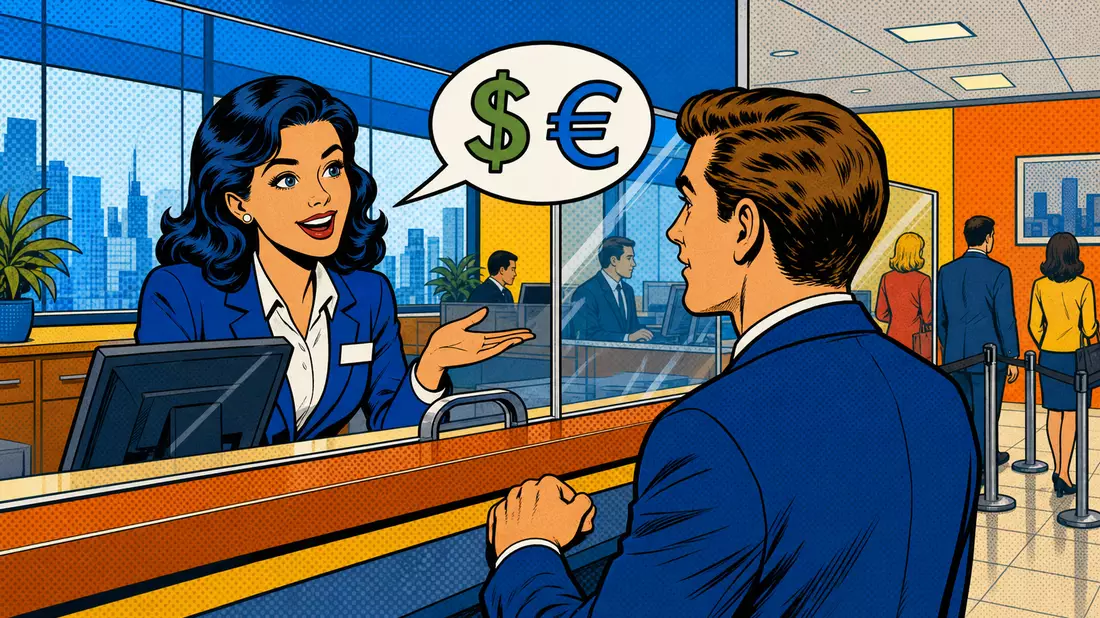 Pop-Art-Comic zeigt Bankberaterin und Kunden am Schalter mit Dollar- und Eurozeichen