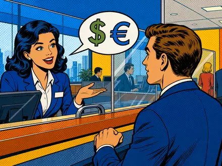 Banco Santander (ISIN ES0113900J37): farbenfrohe Pop-Art-Comic-Szene einer Bankberatung mit Dollar- und Euro-Symbolen - Foto: THN