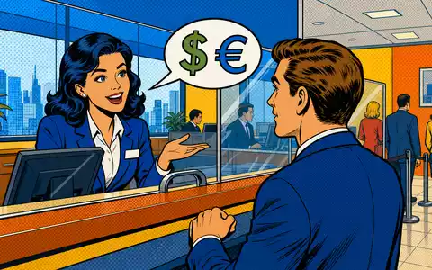 Banco Santander (ISIN ES0113900J37): farbenfrohe Pop-Art-Comic-Szene einer Bankberatung mit Dollar- und Euro-Symbolen - Foto: THN
