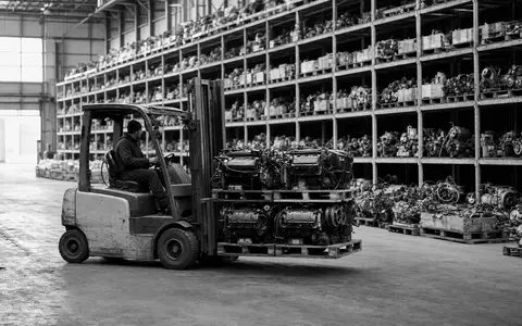 Schwarzweiß-Reportage aus einem Ersatzteillager dokumentiert LKQ Corporation, ISIN US5018892084, im Bereich Automobilzulieferer-Logistik - Foto: THN