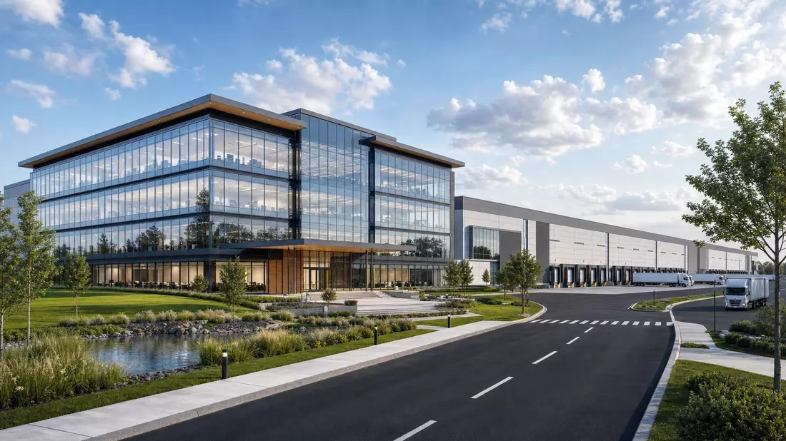 Architektur-Render einer gläsernen Firmenzentrale neben einem Logistikkomplex